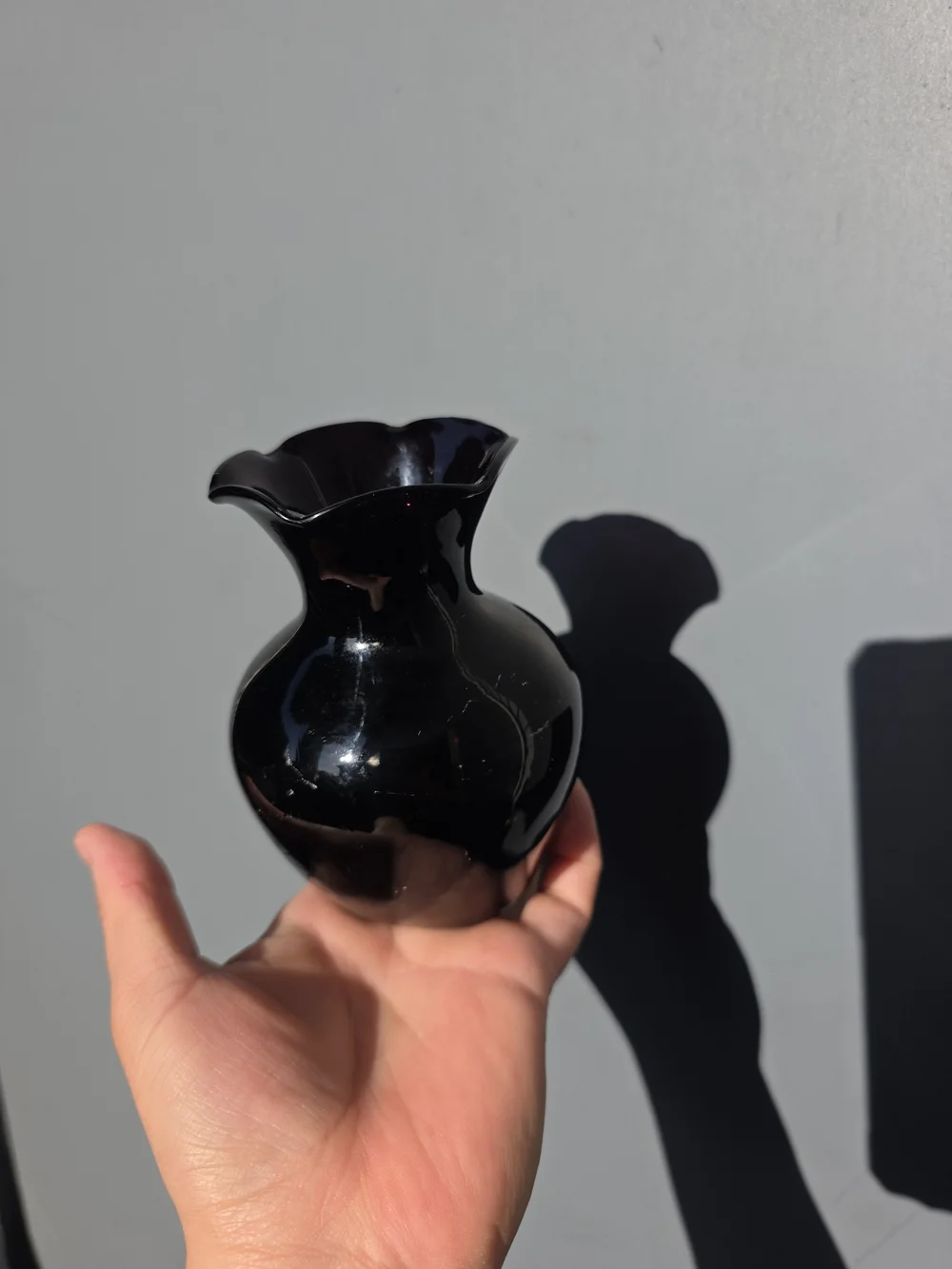 Vintage Black Amethyst Glass Vase Set 3 Ruffled Edge Flower Vases